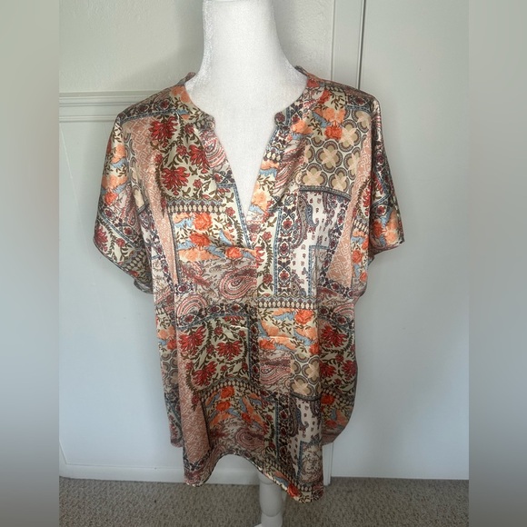 Nicole Miller Tops - Nicole Miller Patchwork Blouse - Orange and Cream